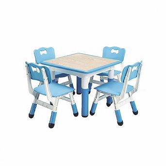 Kids Table and Chairs Set, Toddler Height Adjustable Desk with Graffiti Desktop, 4 Seats