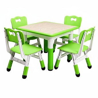 Kids Table and Chairs Set, Toddler Height Adjustable Desk with Graffiti Desktop, 4 Seats