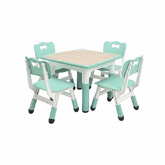 Kids Table and Chairs Set, Toddler Height Adjustable Desk with Graffiti Desktop, 4 Seats