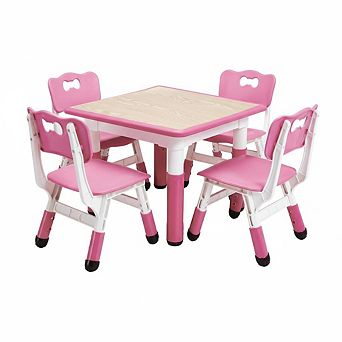 Kids Table and Chairs Set, Toddler Height Adjustable Desk with Graffiti Desktop, 4 Seats