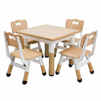 Kids Table and Chairs Set, Toddler Height Adjustable Desk with Graffiti Desktop, 4 Seats