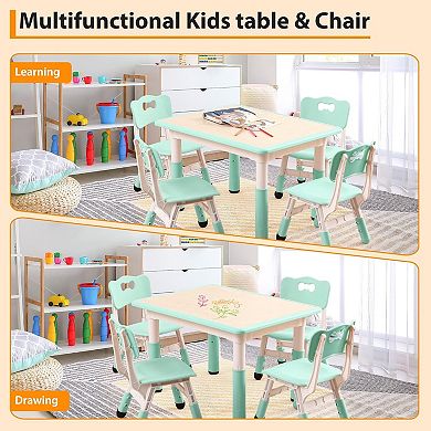 Kids Table and Chairs Set, Toddler Height Adjustable Desk with Graffiti Desktop, 4 Seats