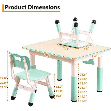 Kids Table and Chairs Set, Toddler Height Adjustable Desk with Graffiti Desktop, 4 Seats