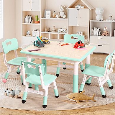 Kids Table and Chairs Set, Toddler Height Adjustable Desk with Graffiti Desktop, 4 Seats