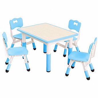 Kids Table and Chairs Set, Toddler Height Adjustable Desk with Graffiti Desktop, 4 Seats