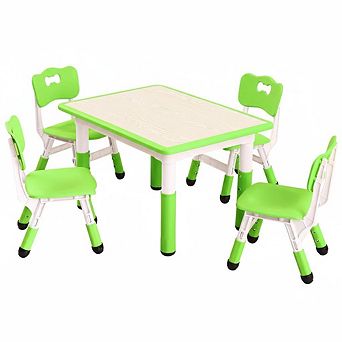 Kids Table and Chairs Set, Toddler Height Adjustable Desk with Graffiti Desktop, 4 Seats