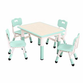 Kids Table and Chairs Set, Toddler Height Adjustable Desk with Graffiti Desktop, 4 Seats