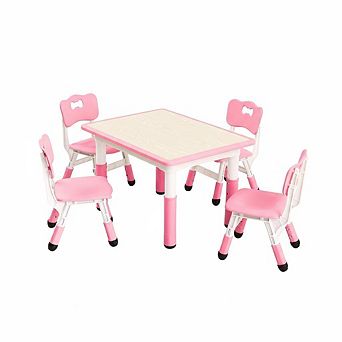 Kids Table and Chairs Set, Toddler Height Adjustable Desk with Graffiti Desktop, 4 Seats