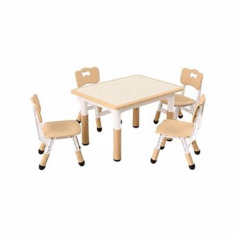 Kids Table and Chairs Set, Toddler Height Adjustable Desk with Graffiti Desktop, 4 Seats