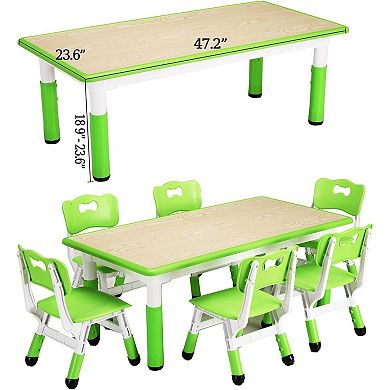 Kids Table and Chairs Set, Toddler Height Adjustable Desk with Graffiti Desktop, 6 Seats