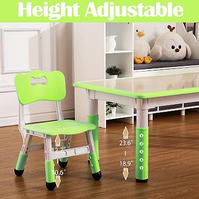 Kids Table and Chairs Set, Toddler Height Adjustable Desk with Graffiti Desktop, 6 Seats