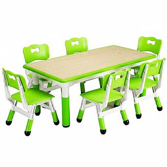 Kids Table and Chairs Set, Toddler Height Adjustable Desk with Graffiti Desktop, 6 Seats