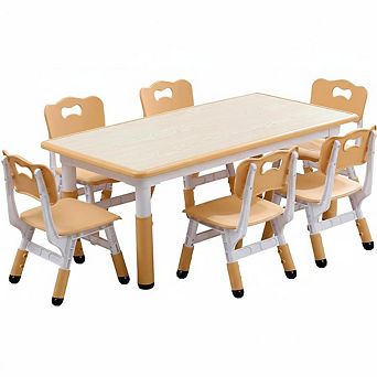 Kids Table and Chairs Set, Toddler Height Adjustable Desk with Graffiti Desktop, 6 Seats