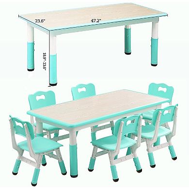 Kids Table and Chairs Set, Toddler Height Adjustable Desk with Graffiti Desktop, 6 Seats