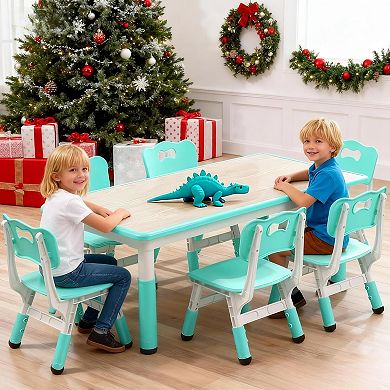 Kids Table and Chairs Set, Toddler Height Adjustable Desk with Graffiti Desktop, 6 Seats