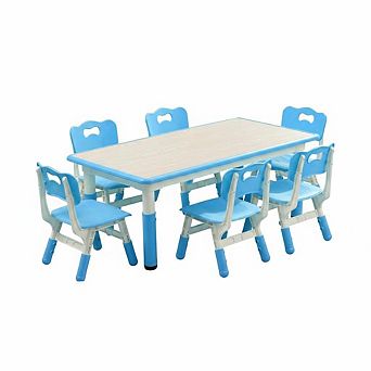 Kids Table and Chairs Set, Toddler Height Adjustable Desk with Graffiti Desktop, 6 Seats