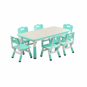 Kids Table and Chairs Set, Toddler Height Adjustable Desk with Graffiti Desktop, 6 Seats
