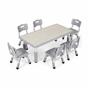 Kids Table and Chairs Set, Toddler Height Adjustable Desk with Graffiti Desktop, 6 Seats