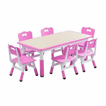 Kids Table and Chairs Set, Toddler Height Adjustable Desk with Graffiti Desktop, 6 Seats