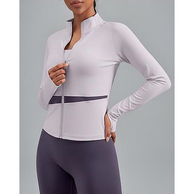 Womens Yoga Jacket High Neck Color Blocked Athletic Top Slimming Outwear For Active