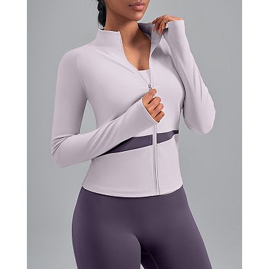 Womens Yoga Jacket High Neck Color Blocked Athletic Top Slimming Outwear For Active