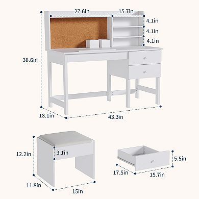 Kids Desk and Chair Set, Wooden Study Table with Adjustable Tilt Desktop, Drawers & Cork Board