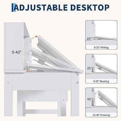 Kids Desk and Chair Set, Wooden Study Table with Adjustable Tilt Desktop, Drawers & Cork Board