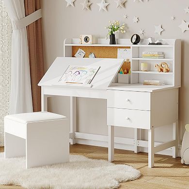 Kids Desk and Chair Set, Wooden Study Table with Adjustable Tilt Desktop, Drawers & Cork Board