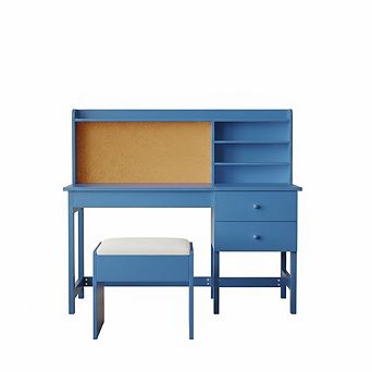 Kids Desk and Chair Set, Wooden Study Table with Adjustable Tilt Desktop, Drawers & Cork Board