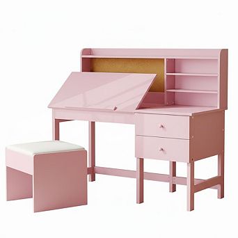 Kids Desk and Chair Set, Wooden Study Table with Adjustable Tilt Desktop, Drawers & Cork Board