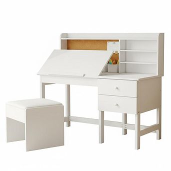 Kids Desk and Chair Set, Wooden Study Table with Adjustable Tilt Desktop, Drawers & Cork Board