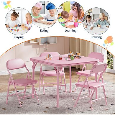 5-Piece Kids Folding Square Card Table & Chair Set, Upholstered Soft Cushion Seats for Playroom