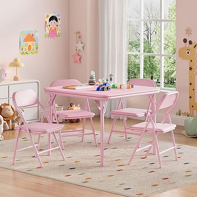 5-Piece Kids Folding Square Card Table & Chair Set, Upholstered Soft Cushion Seats for Playroom