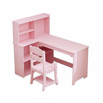 Kids Corner Desk and Chair Set - L-Shaped Study Table with Bulletin Board Open Shelves Storage