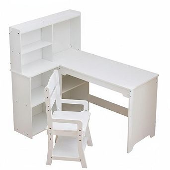 Kids Corner Desk and Chair Set - L-Shaped Study Table with Bulletin Board Open Shelves Storage