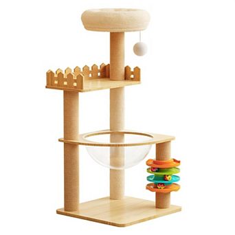 Modern Wood Cat Tree Tower with Sisal Scratching Posts Top Perch Acrylic Hammock and Toys