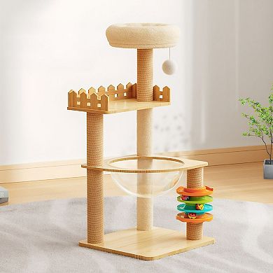 Modern Wood Cat Tree Tower with Sisal Scratching Posts Top Perch Acrylic Hammock and Toys