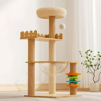 Modern Wood Cat Tree Tower with Sisal Scratching Posts Top Perch Acrylic Hammock and Toys
