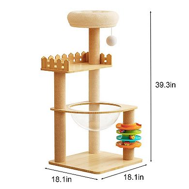 Modern Wood Cat Tree Tower with Sisal Scratching Posts Top Perch Acrylic Hammock and Toys