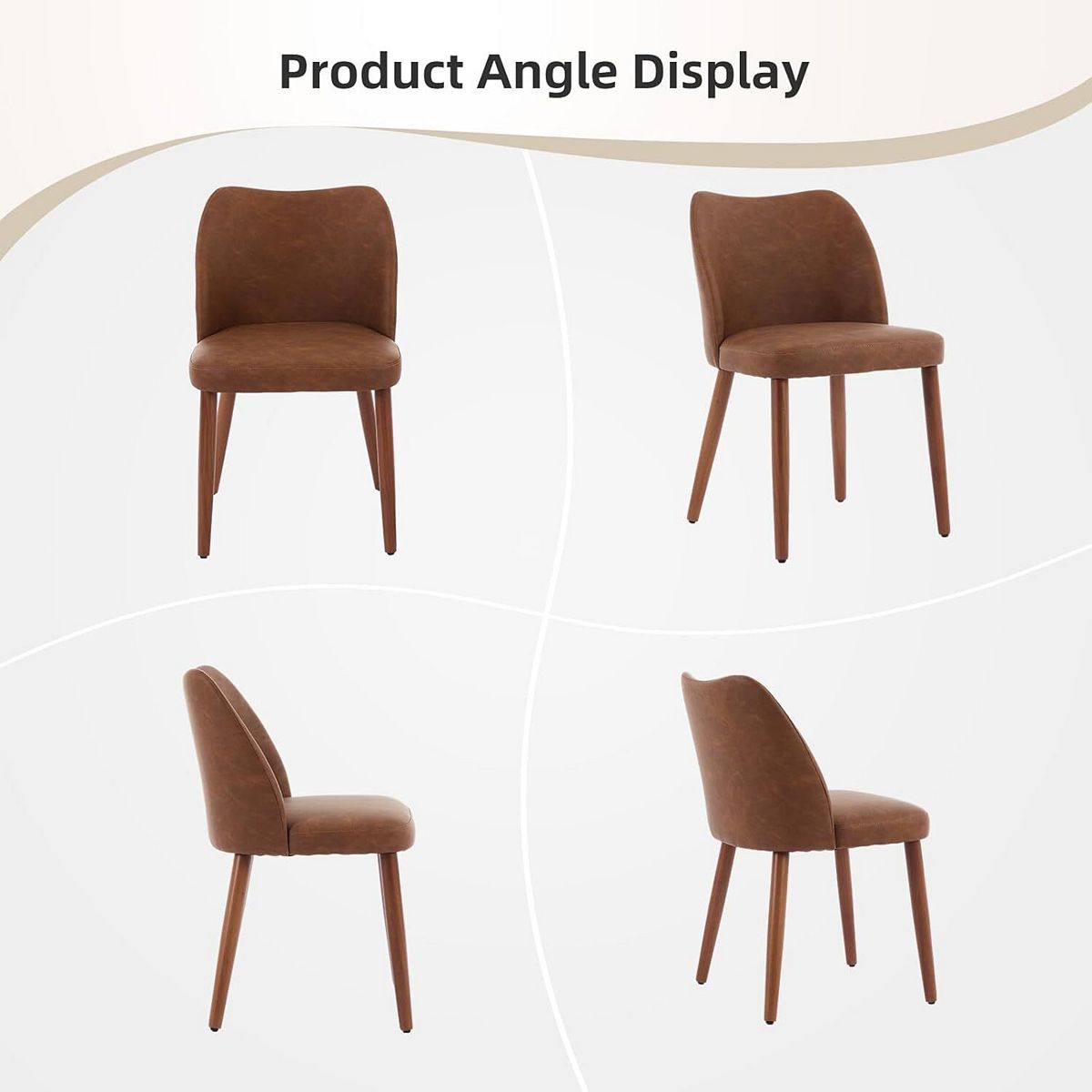 Set of dining chairs shown from multiple angles with brown upholstered seats