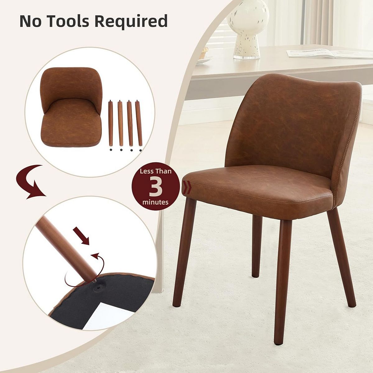 Upholstered dining chair with no-tools assembly feature