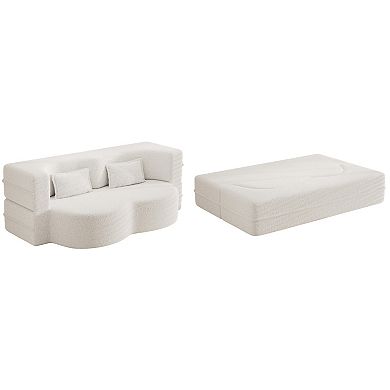 Modern Teddy Fabric Convertible Floor Sofa, Foldable Full-Size Sleeper Mattress with 2 Pillows