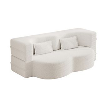 Modern Teddy Fabric Convertible Floor Sofa, Foldable Full-Size Sleeper Mattress with 2 Pillows