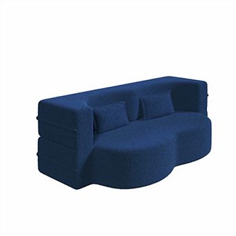Modern Teddy Fabric Convertible Floor Sofa, Foldable Full-Size Sleeper Mattress with 2 Pillows
