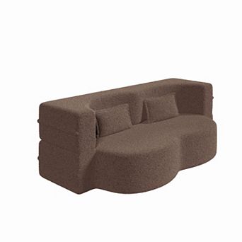 Modern Teddy Fabric Convertible Floor Sofa, Foldable Full-Size Sleeper Mattress with 2 Pillows