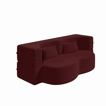 Modern Teddy Fabric Convertible Floor Sofa, Foldable Full-Size Sleeper Mattress with 2 Pillows