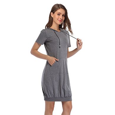 Women's Short Sleeve Hoodie Dress Short Length with Front Pocket