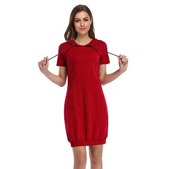 Women's Short Sleeve Hoodie Dress Short Length with Front Pocket