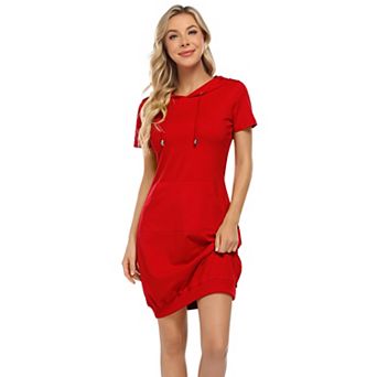 Women Casual Short Sleeve Hooded Sweatshirt Dress Cropped with Pocket