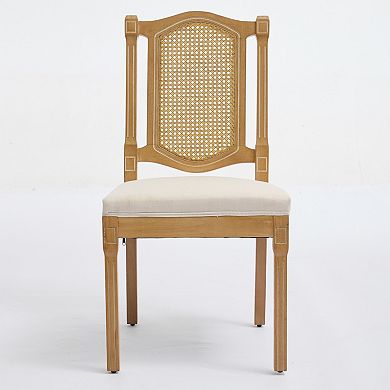 Aoolive Solid Wood Rattan-Back Dining Chair Set of 2, Classic Linen Cushion Kitchen Chairs